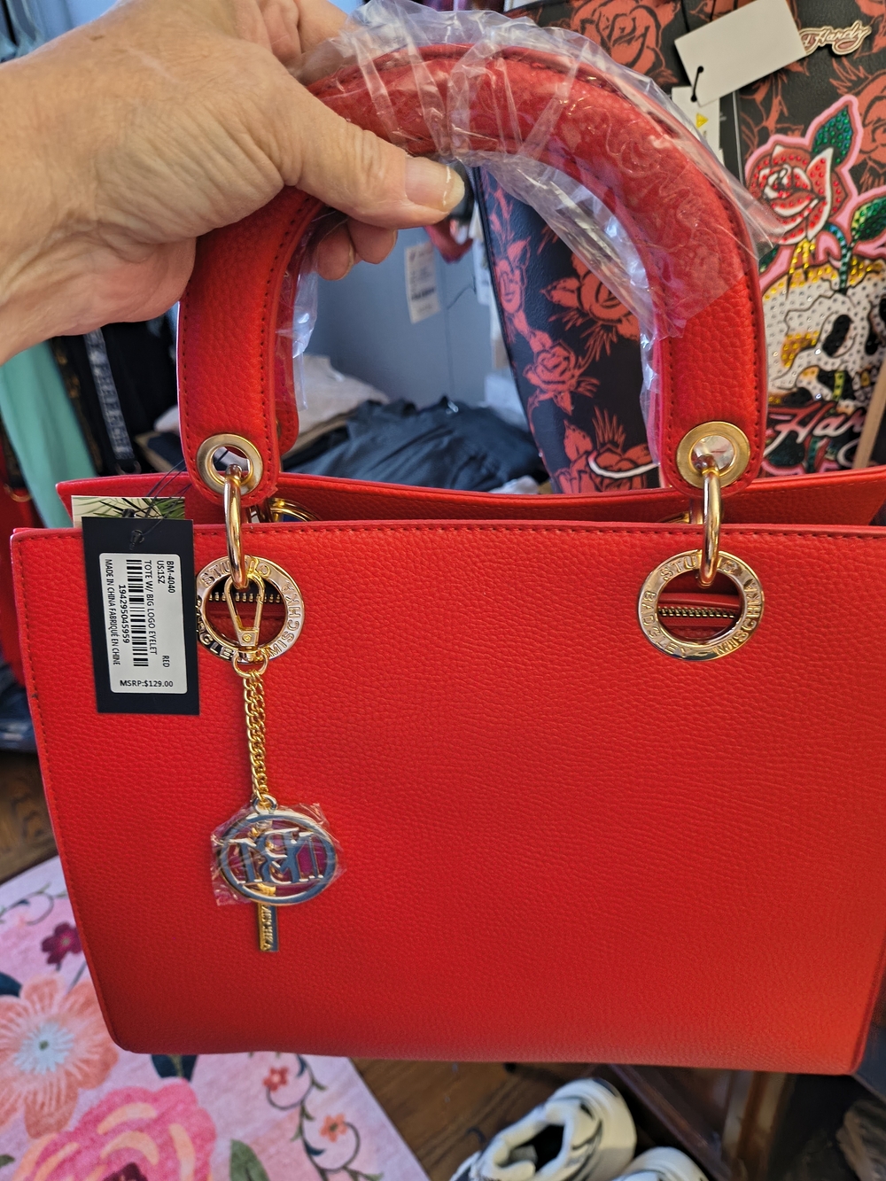 Badgley Mischka Home Red Structured Tote with Gold Hardware